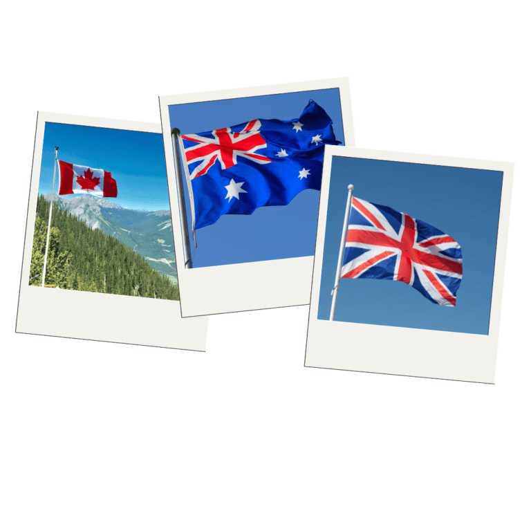 Polaroid framed photos of the flags of Canada, Australia and UK