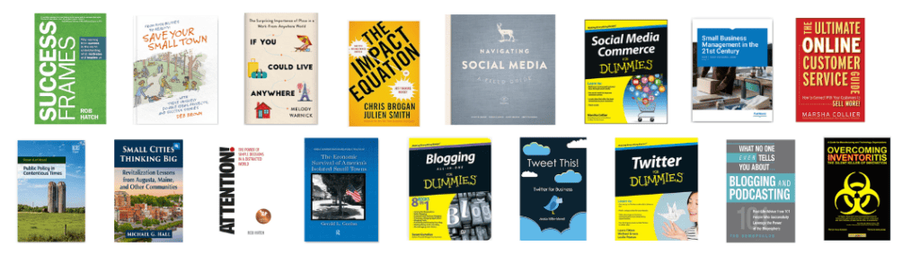 Book covers from books that mention Becky McCray, including Success Frames, Save Your Small Town, If you Could Live Anywhere, The Impact Equation and Navigating Social Media.