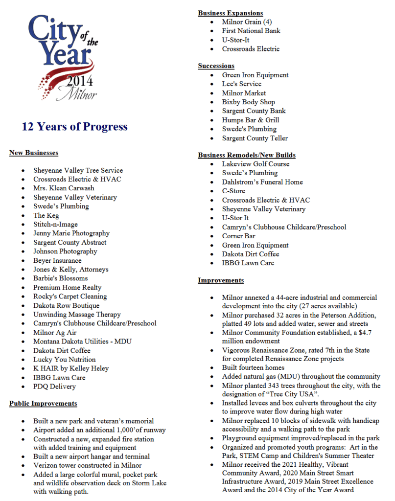 A full page list of new businesses, business expansions, successions, remodels, community improvements, and public improvements. The title says "12 Years of Progress"