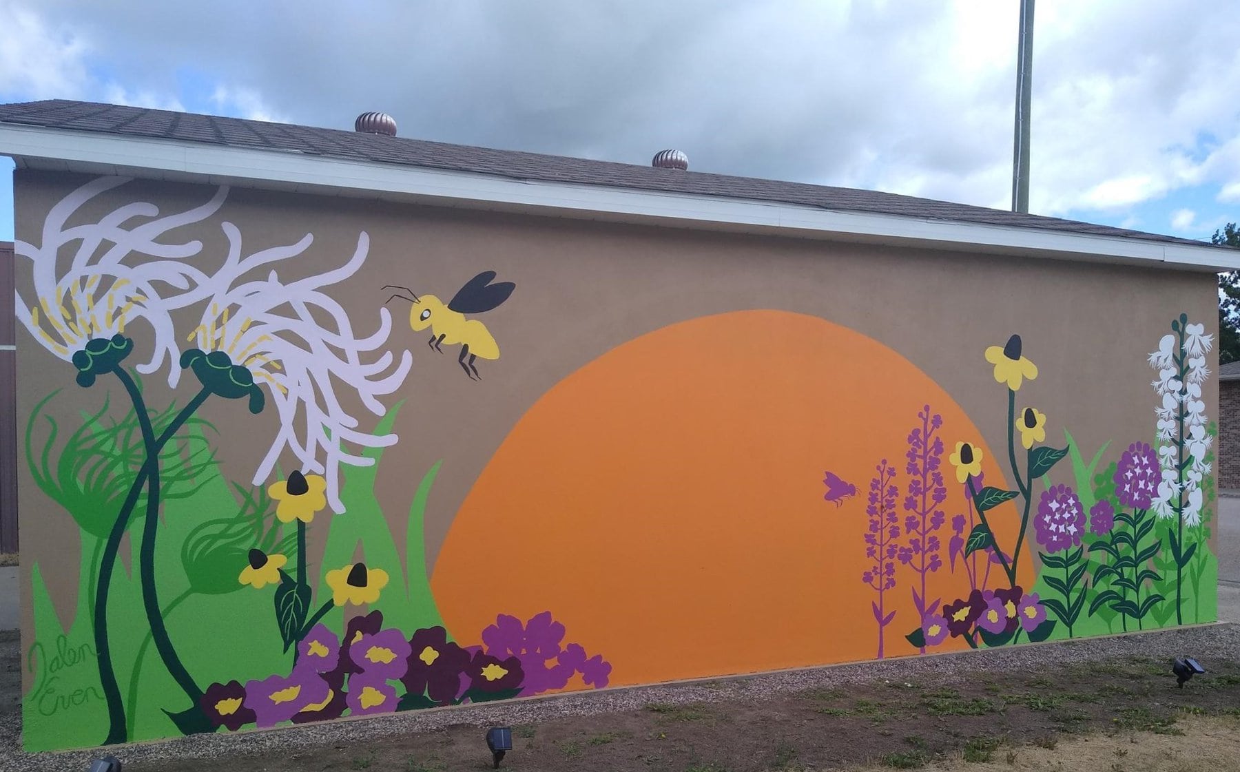 Colorful modern mural of wildflowers, a pollinator insect in front of a huge sun setting in the background.